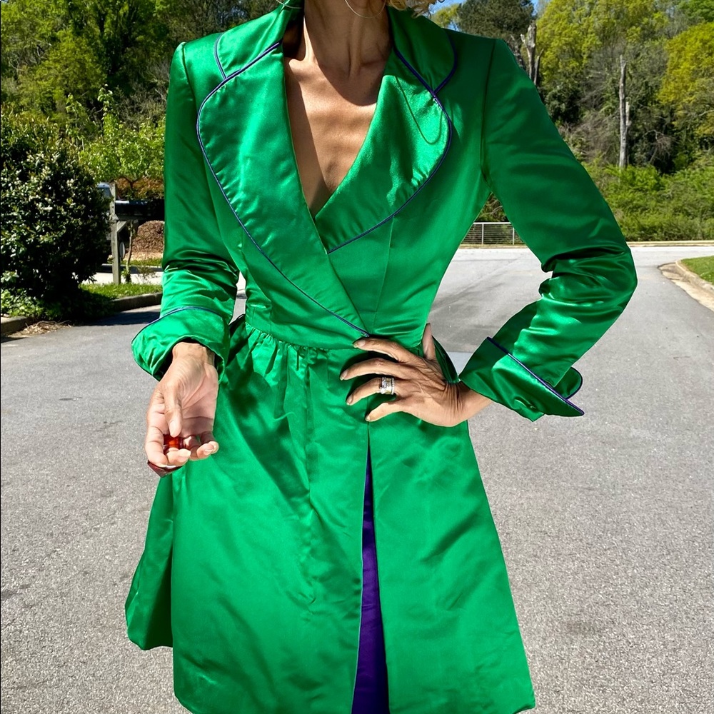 Vtg Bob Mackie satin coat dress tuxedo green XS - Picture 2 of 11